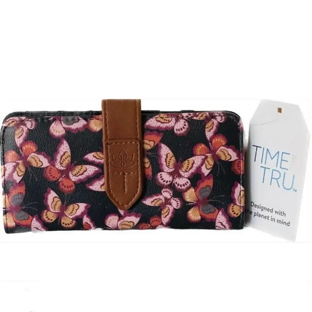NWT Time and Tru Alexandra Black lilac butterflies Slim Faux leather Slim Wallet